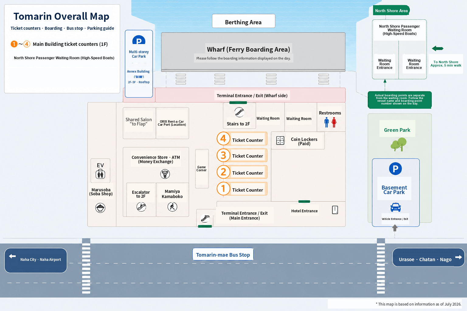 Tomarin overall map showing ticket counters, the ferry boarding area in front of the main building on the south-shore side, the North Shore Passenger Waiting Room, bus stop, multi-storey car park and basement car park