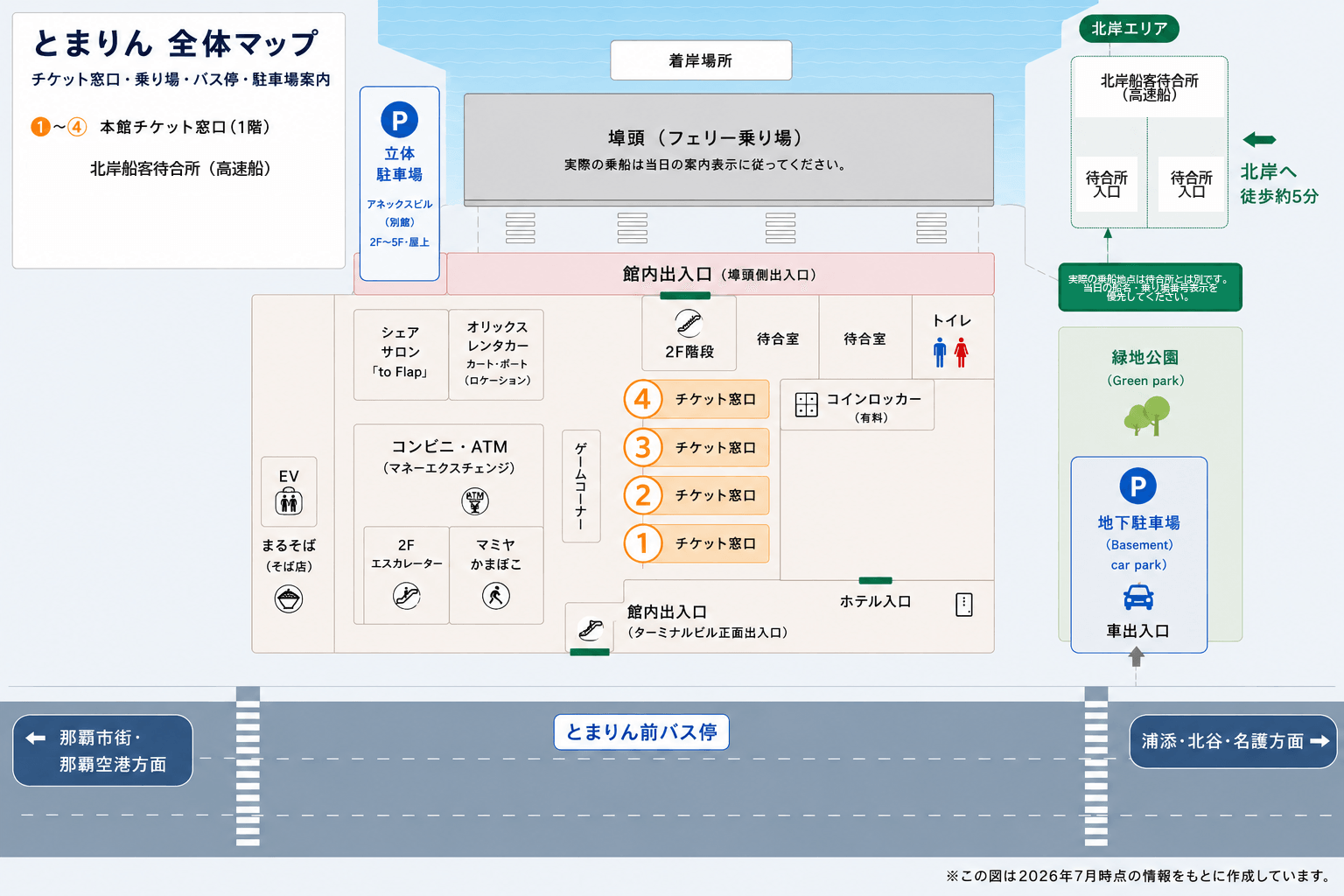 とまりん全体マップ。チケット売場、本館前・南岸側のフェリー乗り場、北岸船客待合所、バス停、立体駐車場、地下駐車場の位置