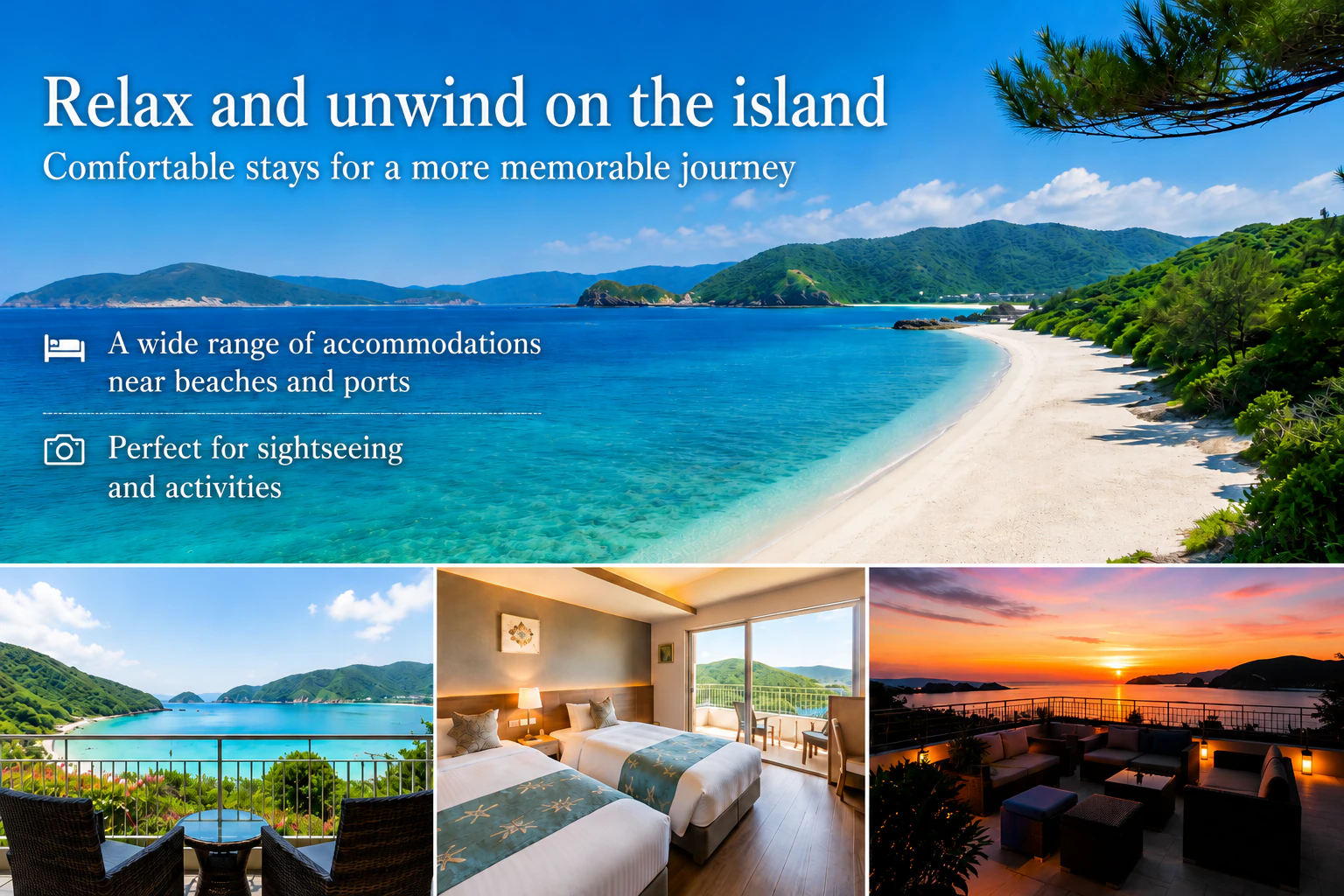 Accommodation image featuring an island beach, guest room, and sea-view terrace