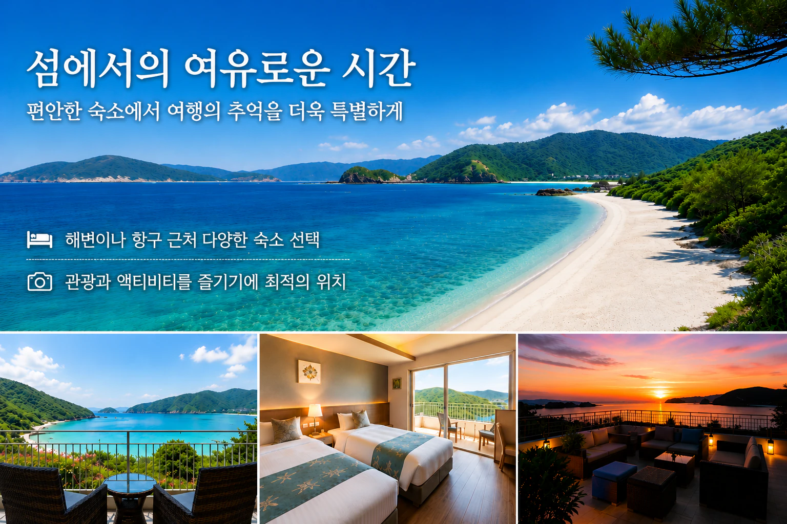 섬 해변, 객실, 바다 전망 테라스를 담은 숙박 안내 이미지